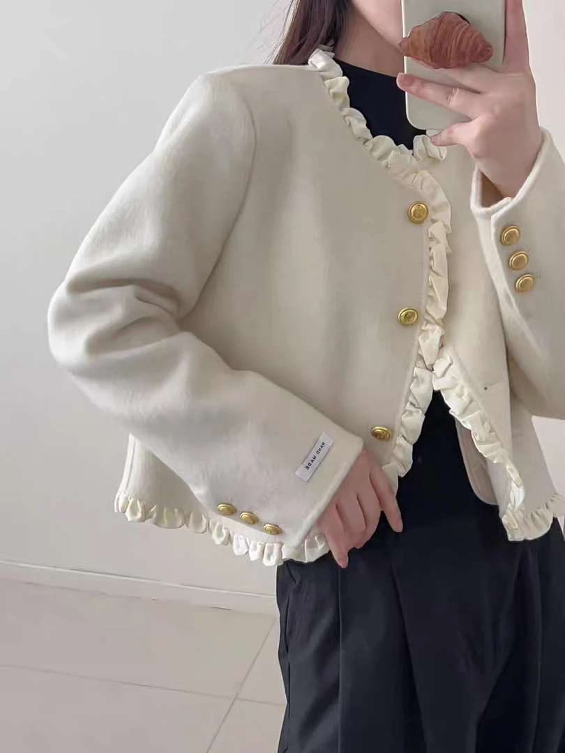 【盼盼精选】花边外套甜美系列羊绒外套冬季双面毛呢短外套