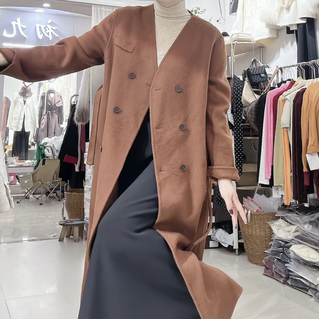 【盼盼精选】围巾款双面羊绒大衣V领长款腰带收腰外套