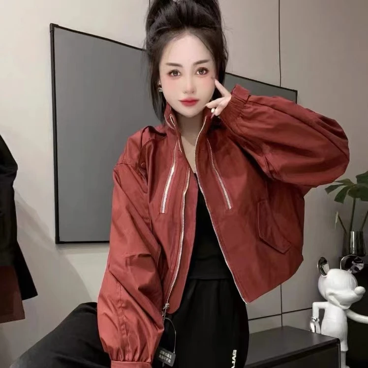 美式短款安可拉红拉链夹克外套女早秋新款宽松上衣ins百搭休闲款