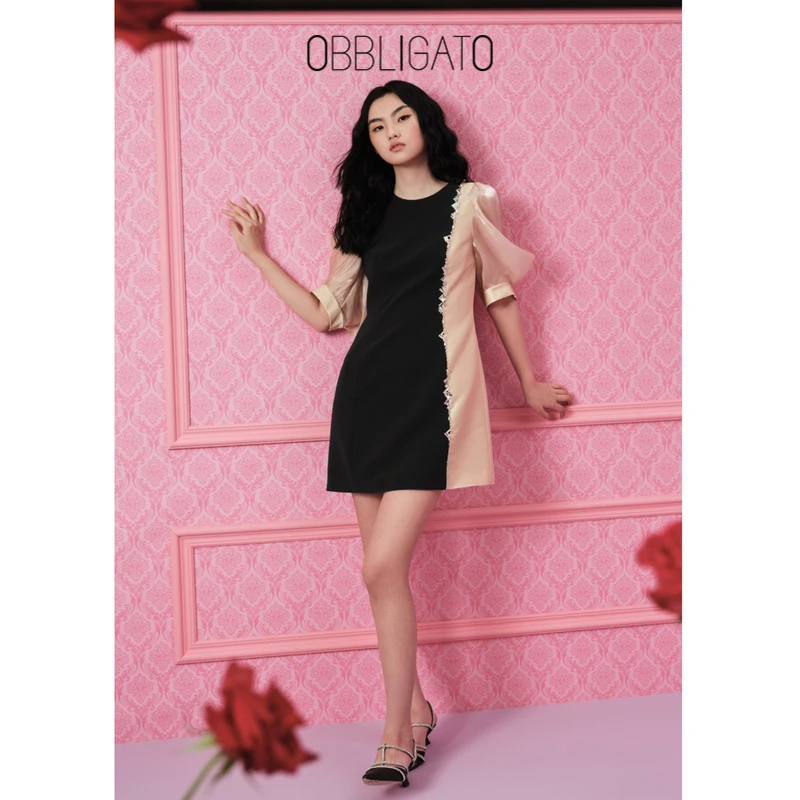 OBBLIGATO奥丽嘉朵秋季1C32305100黑金拼色灯笼袖钉钻醋酸连衣裙