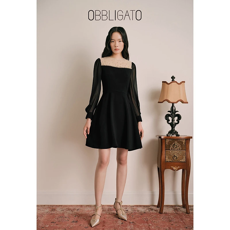 奥丽嘉朵1C63305140夏季轻奢小黑裙新款金葱钉钻薄纱拼接连衣裙