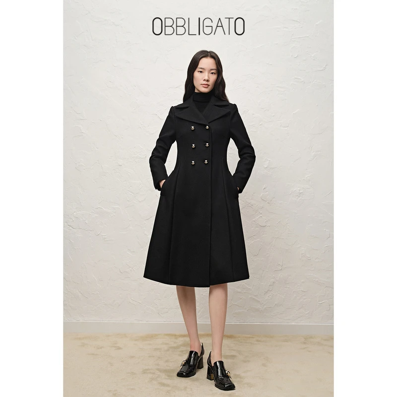 OBBLIGATO奥丽嘉朵冬季1C32580190双排扣高腰线收腰绵羊毛大衣