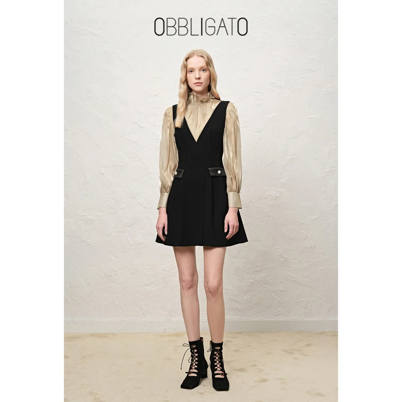 OBBLIGATO/奥丽嘉朵春季1C31105041气质时尚假两件百褶立领连衣裙