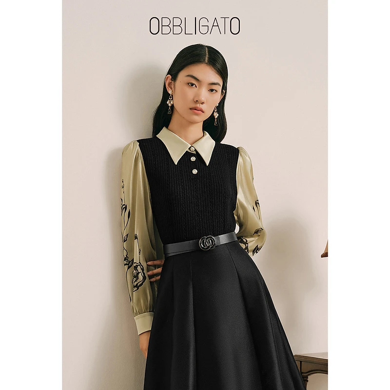 OBBLIGATO奥丽嘉朵1C64306010专选早秋印花拼接毛织衫