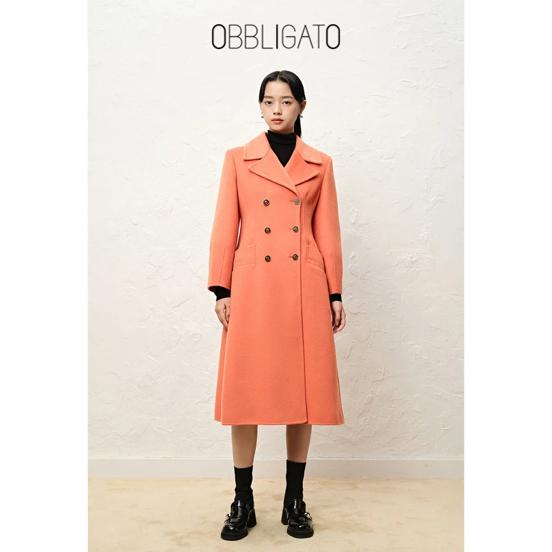 OBBLIGATO奥丽嘉朵冬季1C62580030专选橘色翻领双排扣大衣