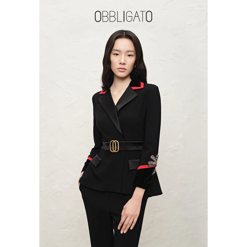 OBBLIGATO奥丽嘉朵冬季1C32570040丝绒钉钻气质醋酸修身女上衣