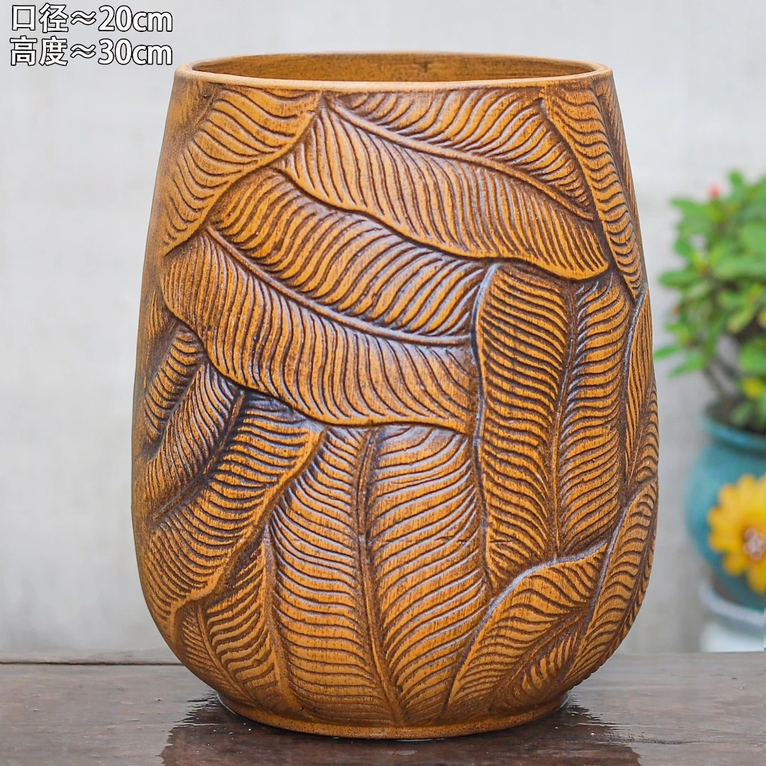 柴烧大号刻绘芭蕉叶手工花盆多肉三角梅植物绿植盆栽有孔粗陶罐