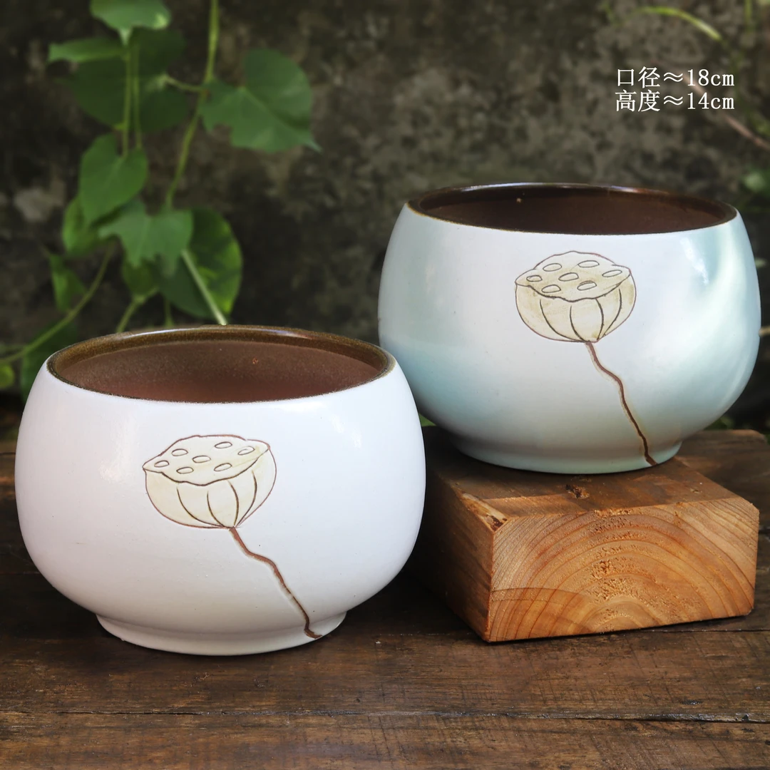 手工刻绘多肉绿植大口径陶瓷花盆