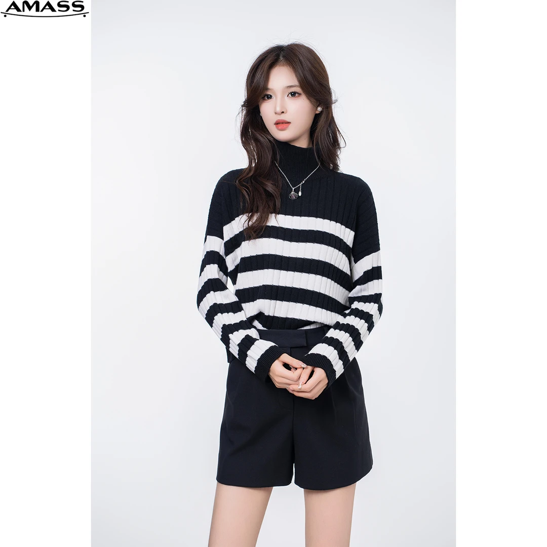 AMASS/阿玛施秋冬新款时尚宽松套头条纹半高领针织衫毛衣 5399542