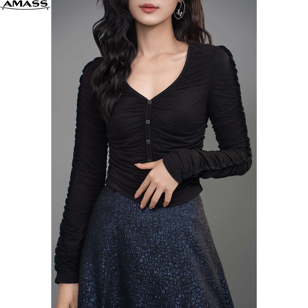 AMASS/阿玛施新款设计感捏褶修身显瘦优雅v领精致长袖T恤 5301067