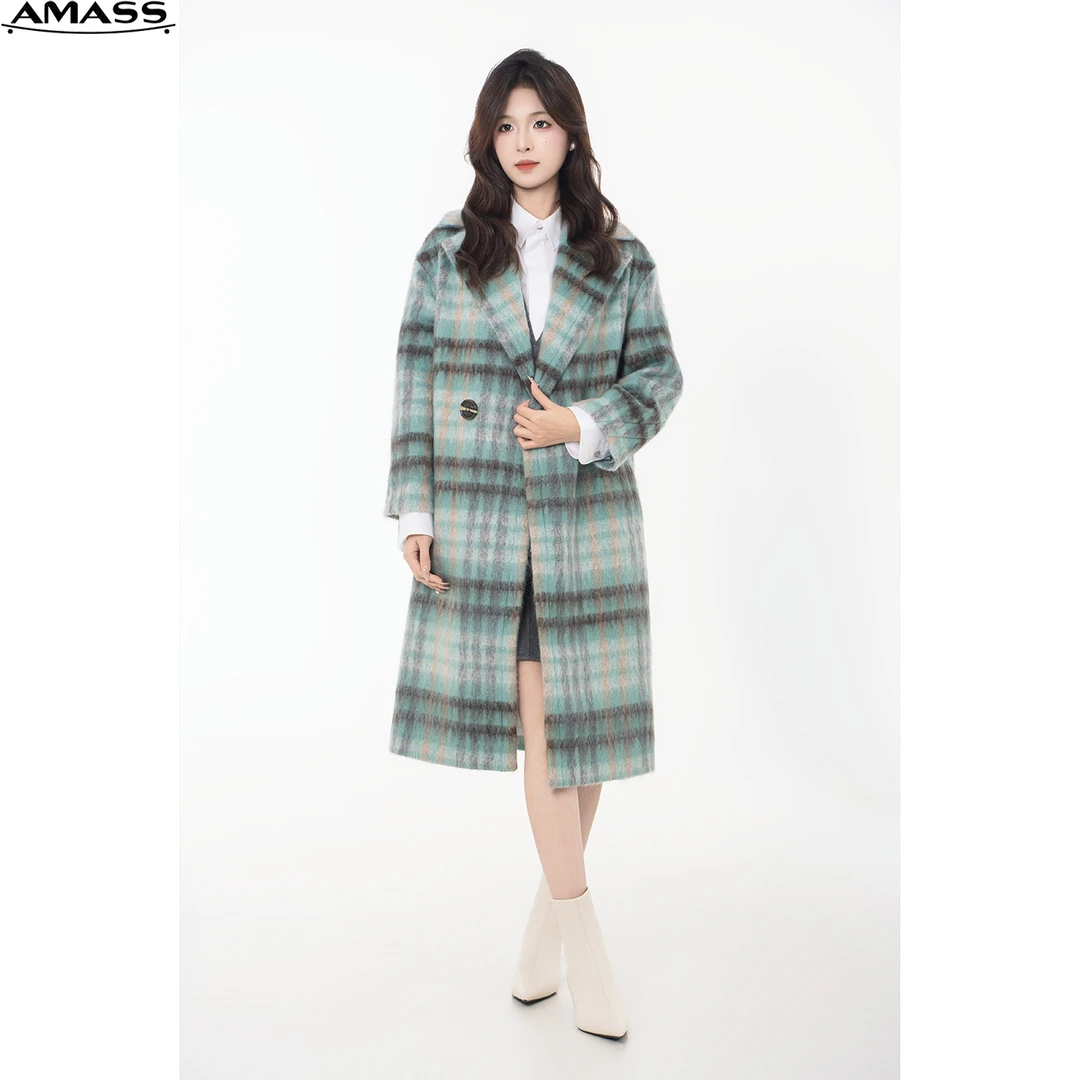 AMASS/阿玛施秋冬时尚气质新款经典宽松长款复古格子大衣 5400361