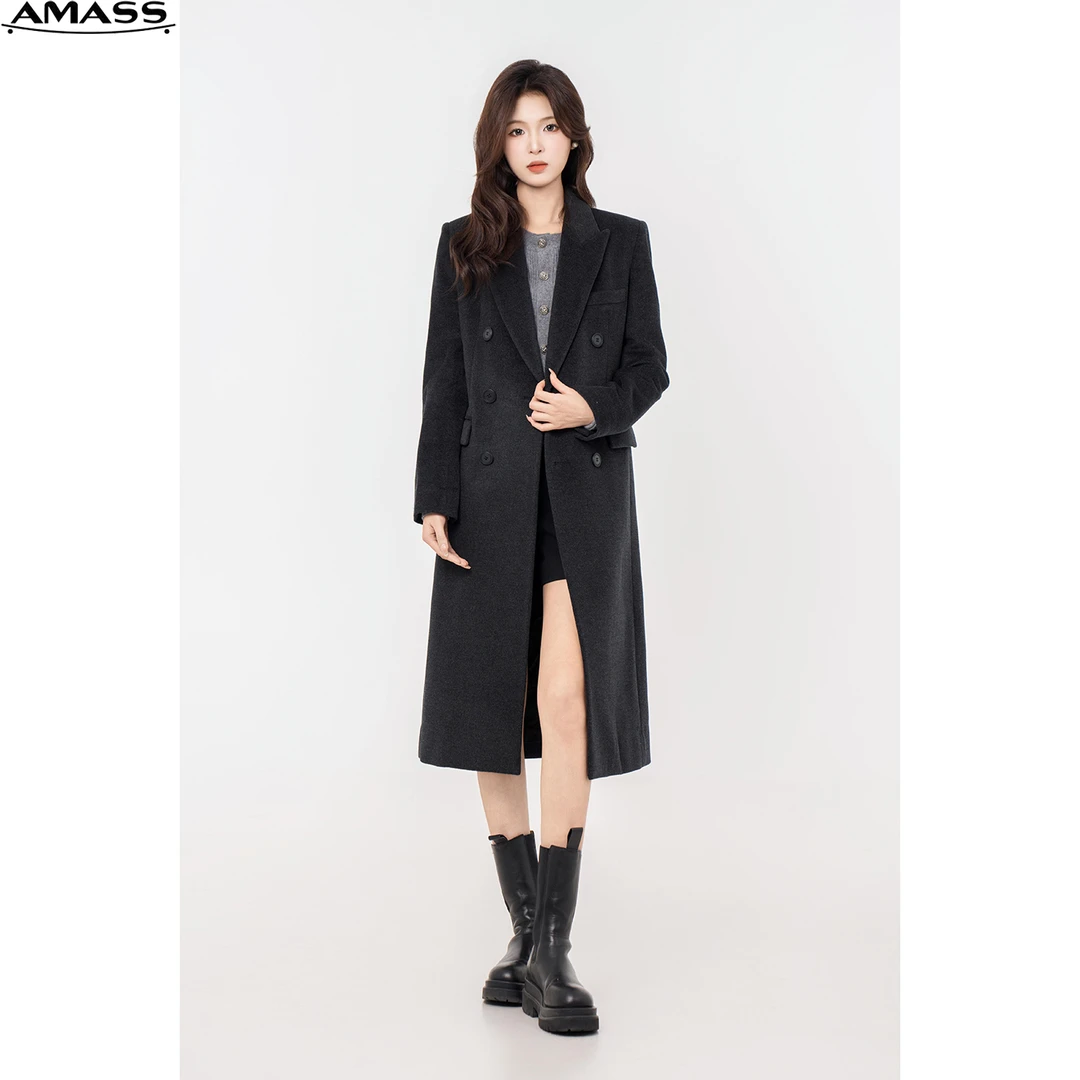 AMASS/阿玛施秋冬新款轻奢气质极简风中长款翻领毛呢大衣 5400810