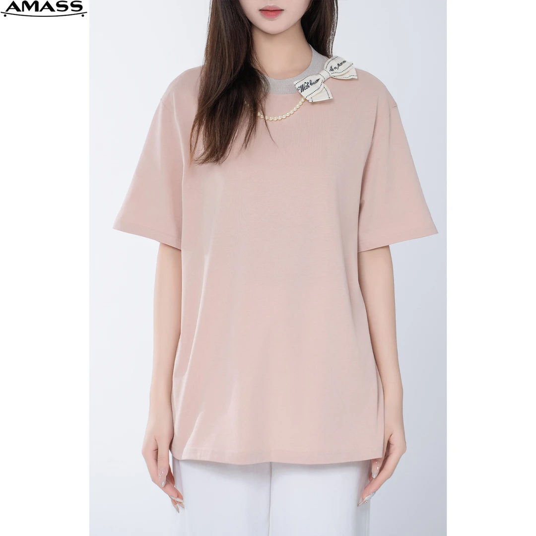 AMASS/阿玛施夏季时尚气质甜美蝴蝶结链条立体装饰短袖T恤5300709