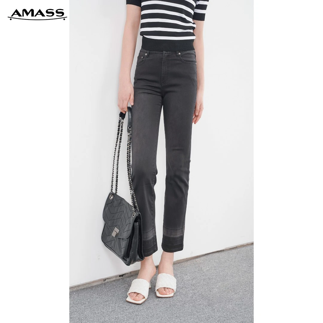 AMASS/阿玛施直筒修身万年牛仔高腰九分显瘦马蹄微喇裤女 5100471