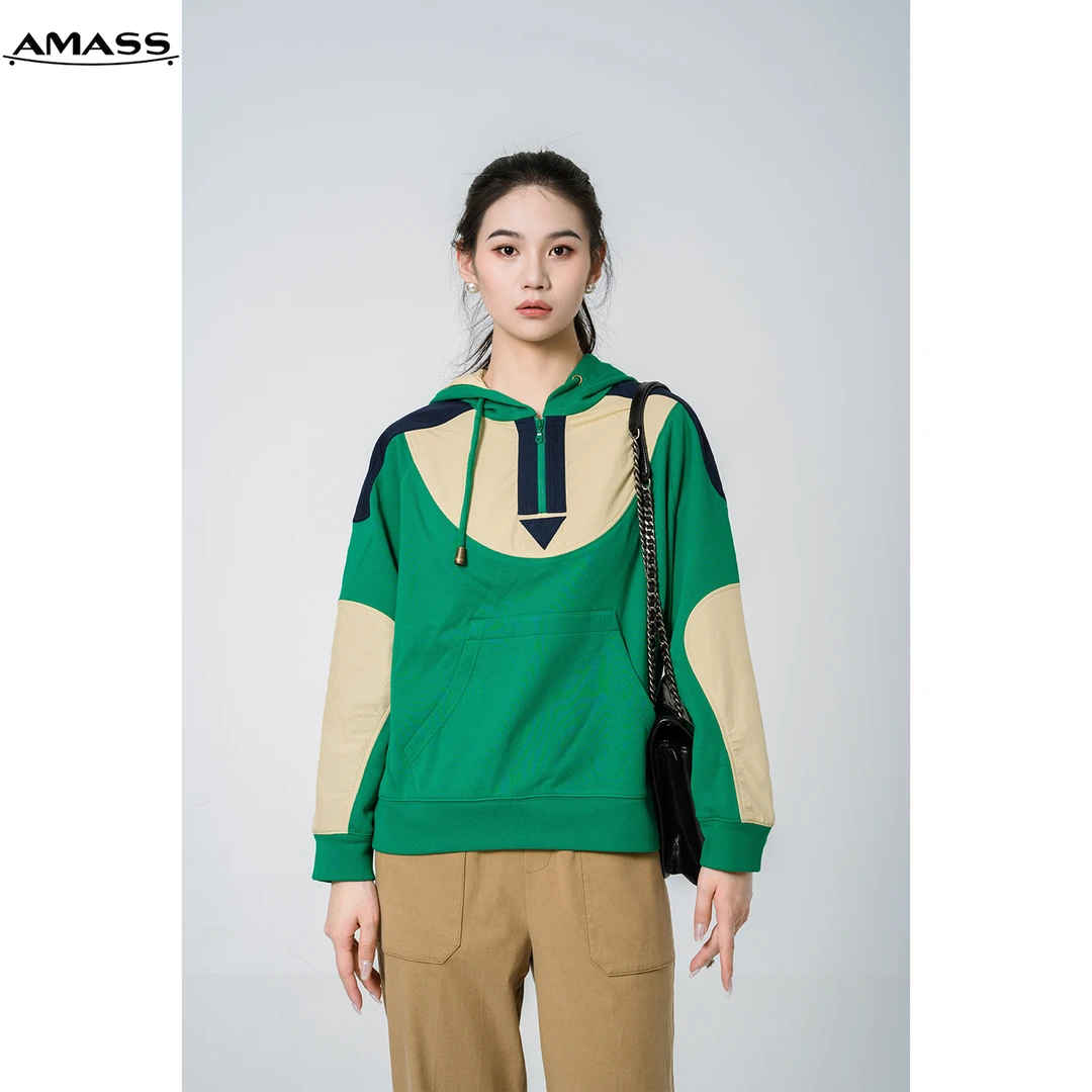 AMASS/阿玛施秋季新款时尚百搭中性风撞色连帽套头卫衣女 5300909