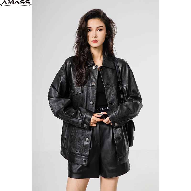 AMASS/阿玛施经典黑色质感宽松中长版羊皮女夹克5400726早秋外套