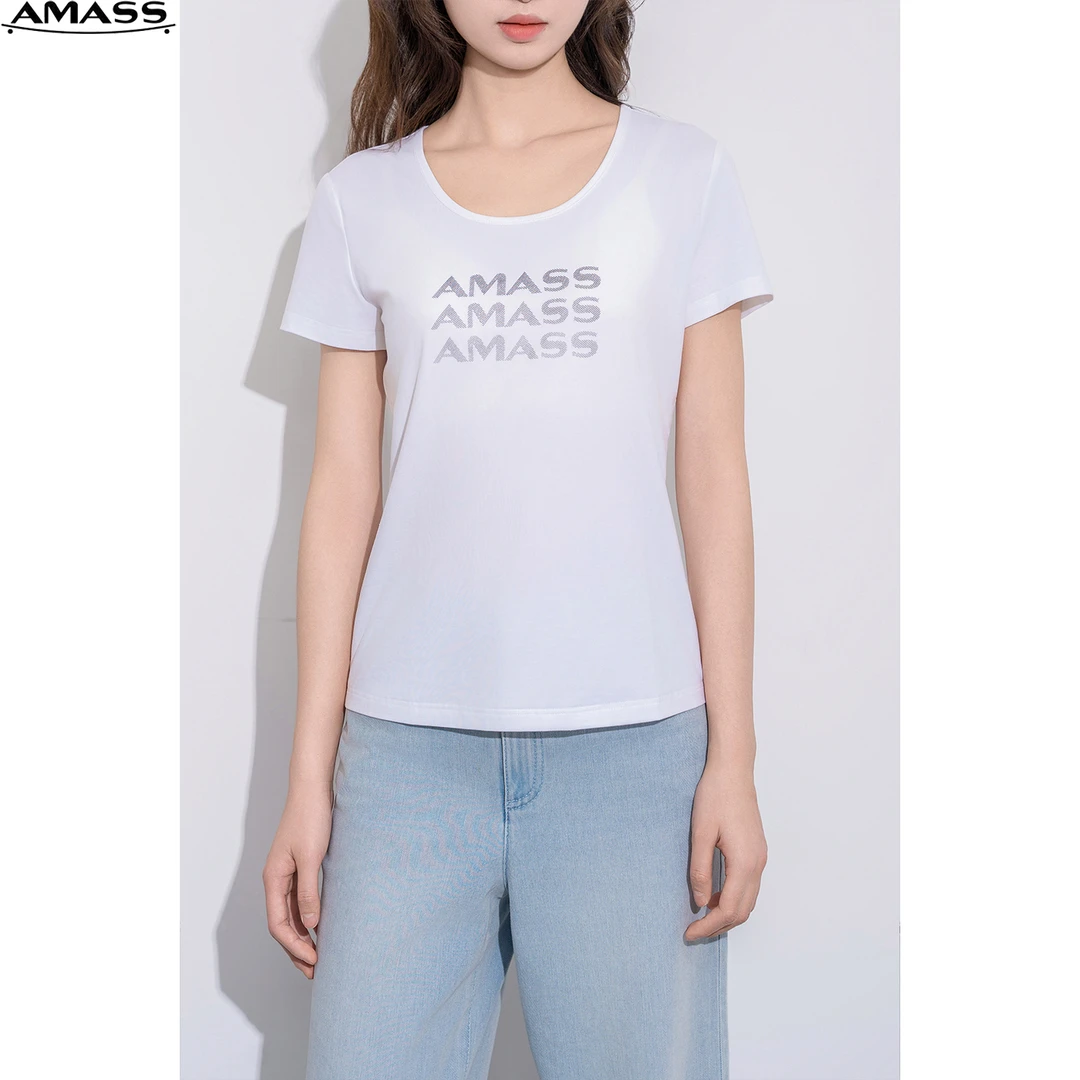 AMASS/阿玛施夏季新款透气简约圆领经典烫钻logo短袖T恤女5300989