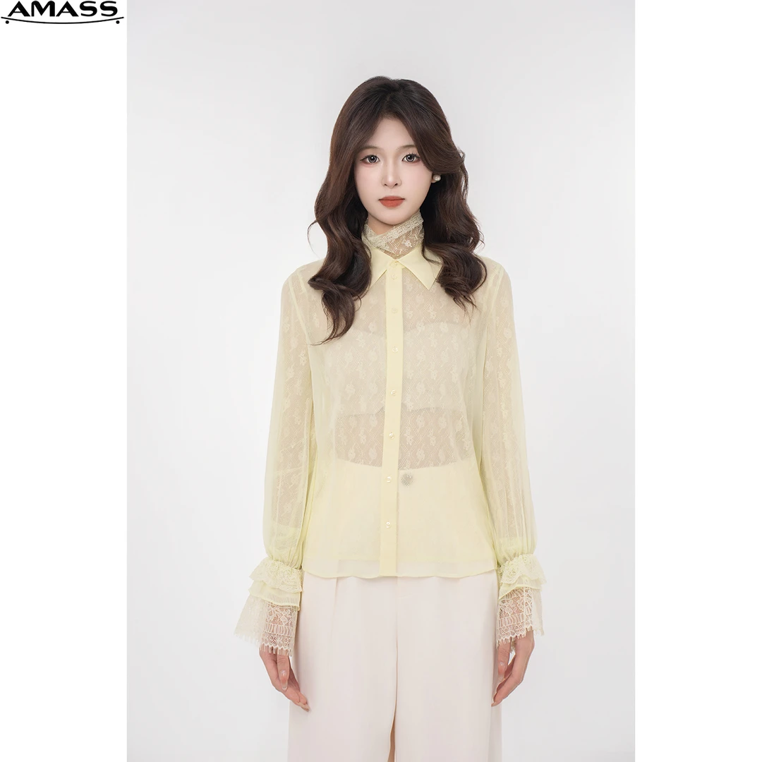 AMASS/阿玛施桑蚕丝清新蕾丝纹时尚长袖衬衫含内衬两件套 5300842