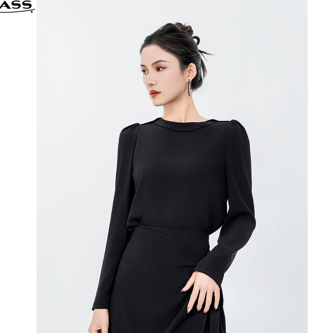 AMASS/阿玛施简约质感纯色百搭复古圆领拉链泡泡长袖上衣 5300940