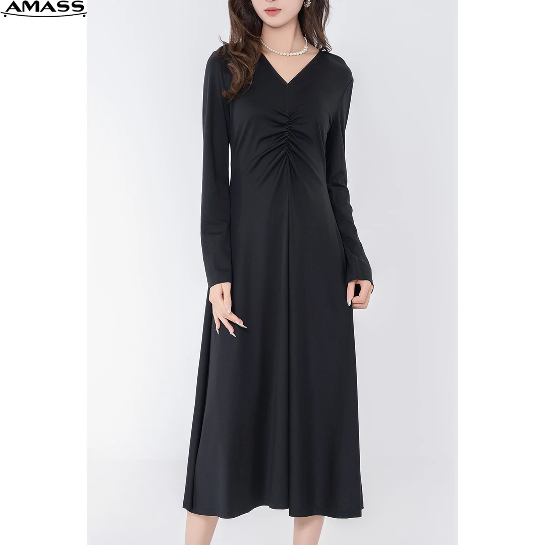 AMASS/阿玛施新款V领收腰褶皱优雅轻奢纯色气质连衣裙长裙5500466