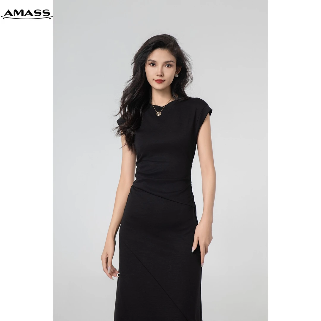 AMASS/阿玛施春夏新款黑色赫本风无袖修身收腰中长连衣裙 5500454
