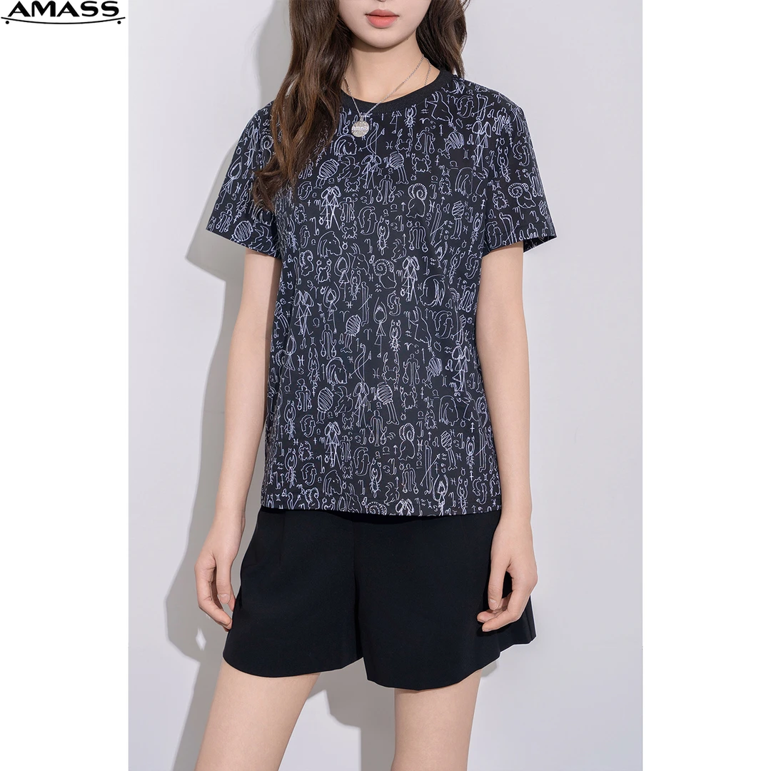 AMASS/阿玛施夏季舒适时尚经典图案精工刺绣T恤上衣短袖女5300825