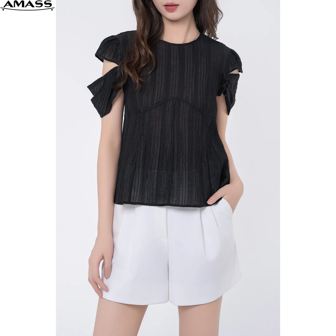 AMASS/阿玛施夏季新款小众设计洋气开叉露肩气质短袖T恤 5300729