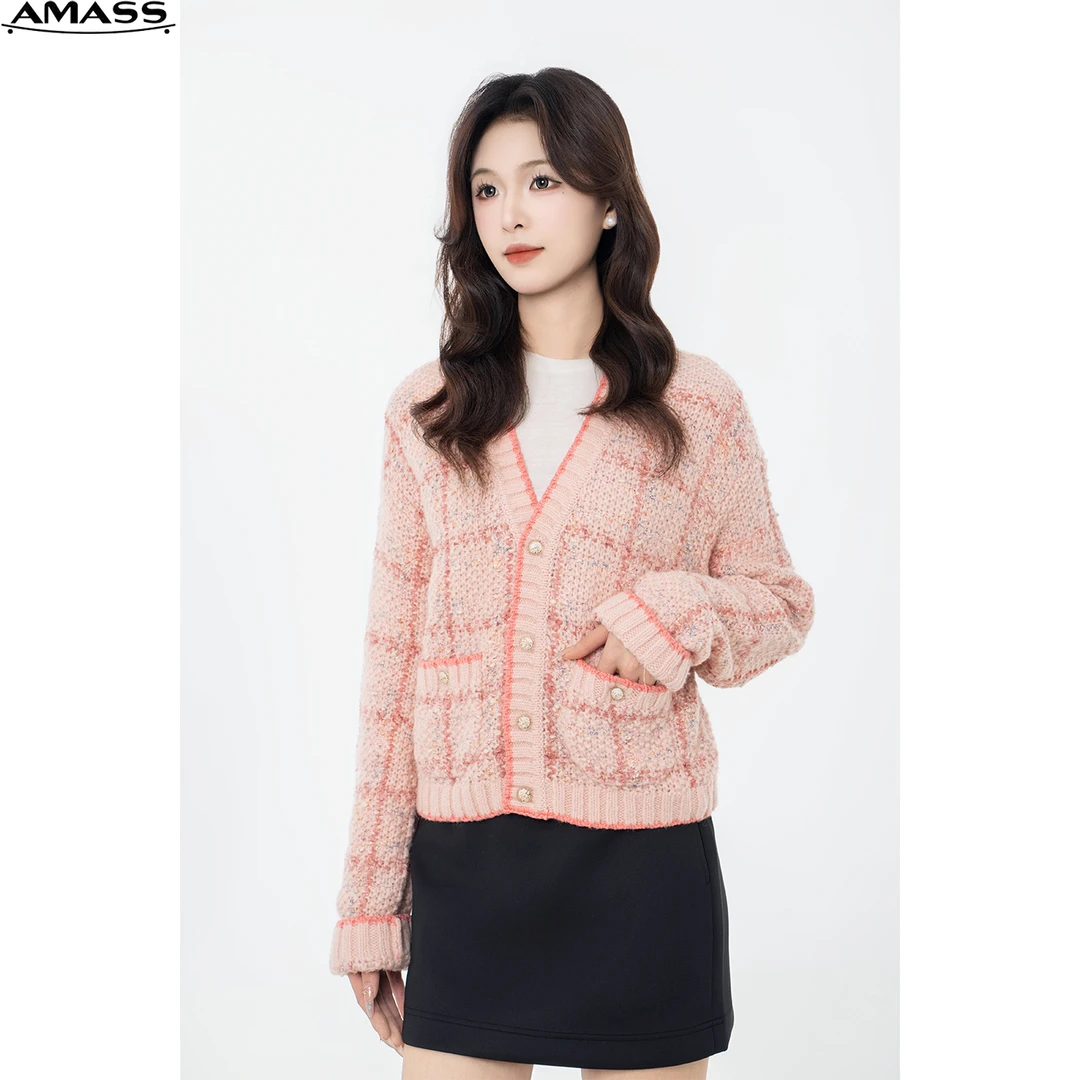 AMASS/阿玛施秋冬时尚气质百搭格纹小香风针织开衫外套女 5499194
