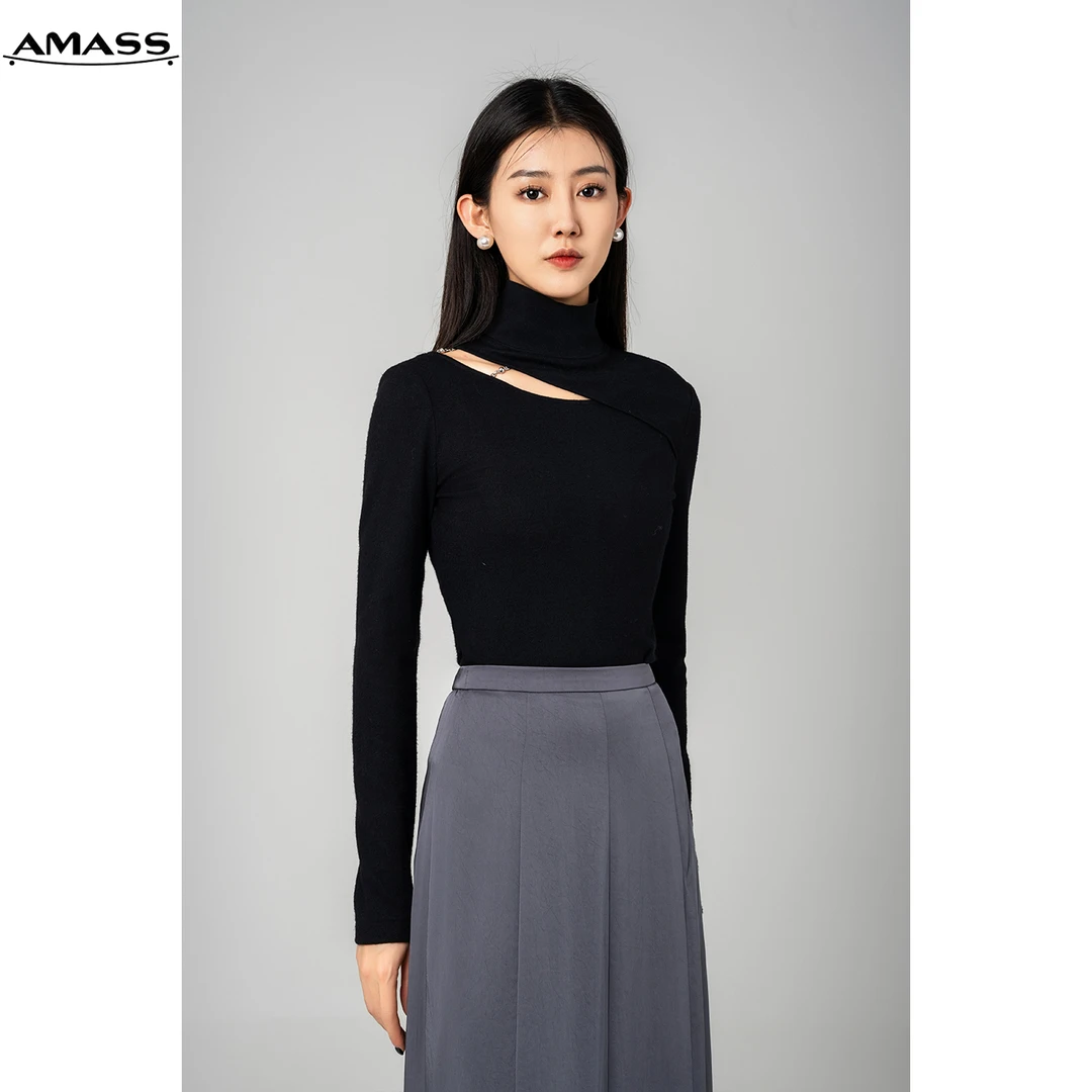 AMASS/阿玛施格雷系秋冬高领百搭镂空绵羊毛修身打底衫女 5300879