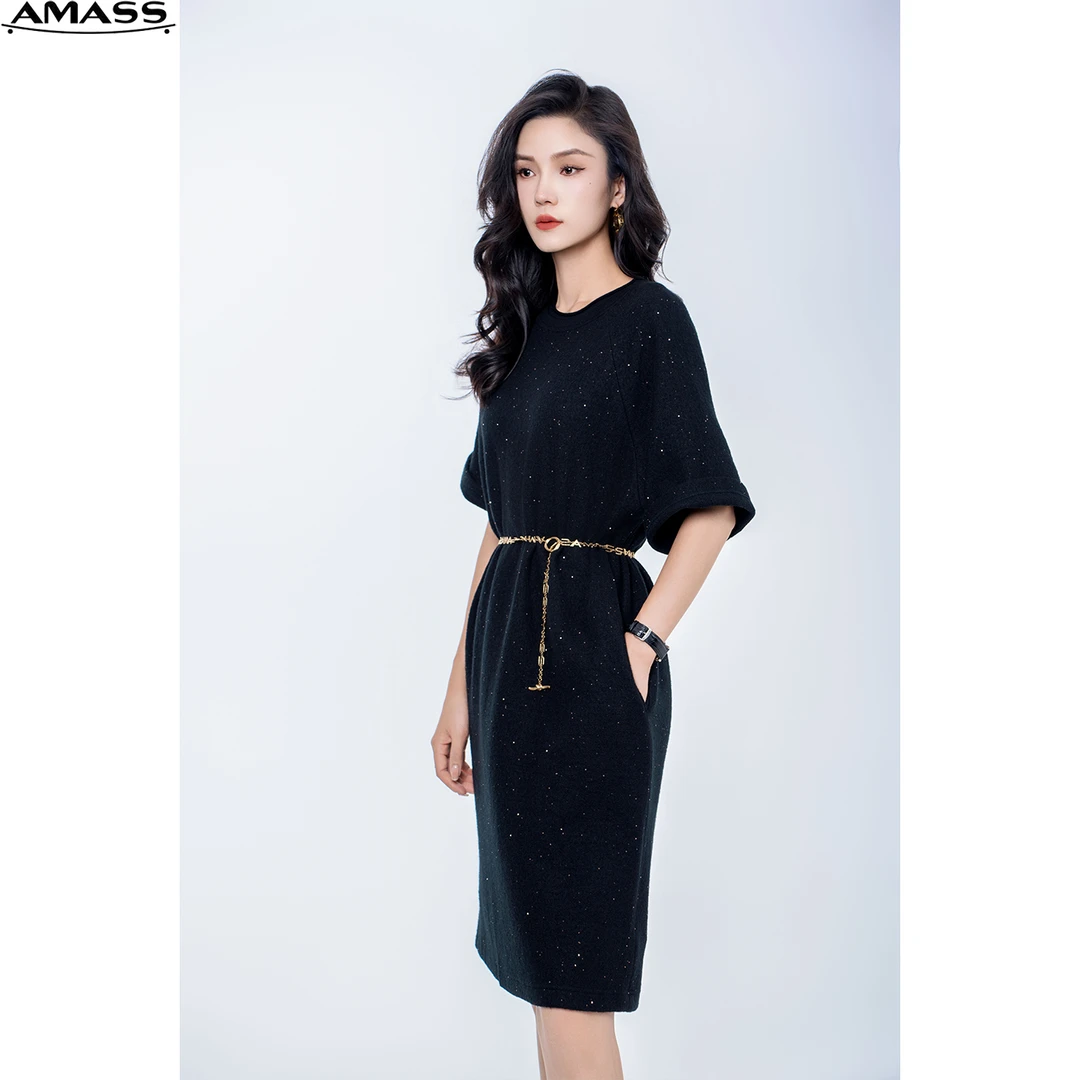 AMASS/阿玛施新款时尚舒适轻职场高级星空圆领短袖连衣裙 5500520