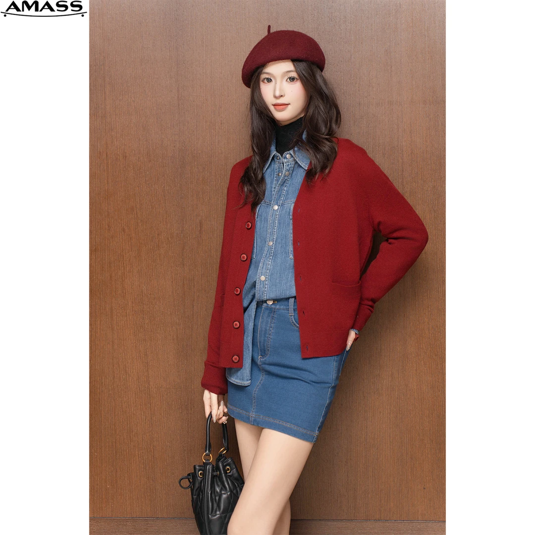 AMASS/阿玛施早秋新款单排扣V领针织衫女气质时尚休闲百搭5499268