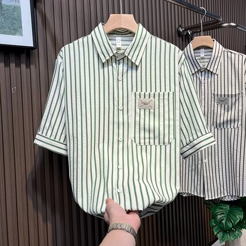 夏季男士衬衫修身中袖七分袖休闲港风条纹衬衣个性上衣男装衬衣
