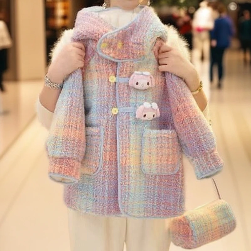 【加绒02】24冬季新款儿童韩版洋气休闲连帽加厚彩色毛呢美乐蒂外套