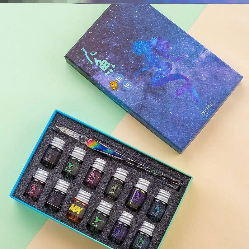 星空水晶玻璃笔钢笔蘸水笔墨水学生礼品套组沾水琉璃笔流沙高颜值
