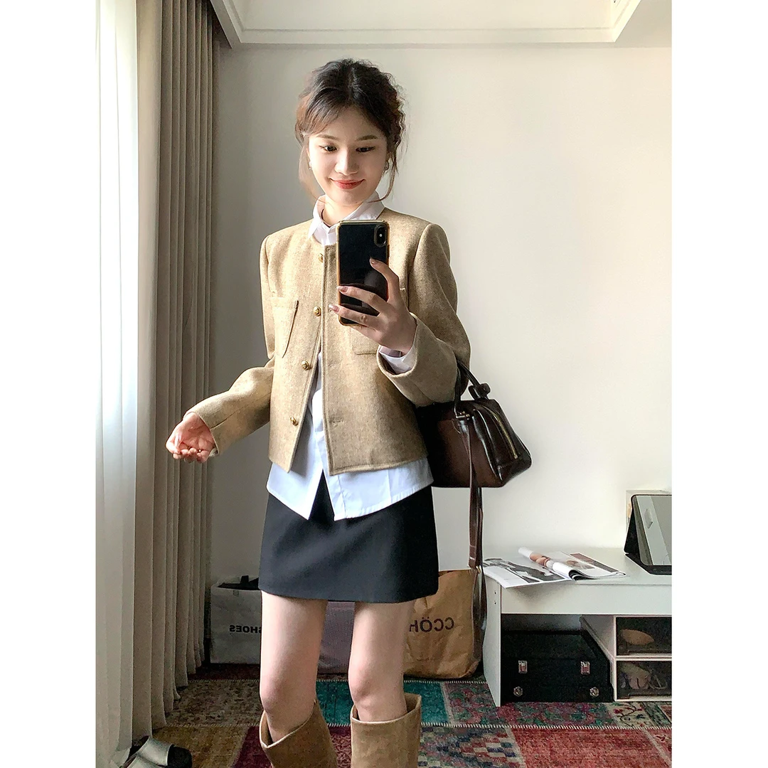 秋季三件套女2024洋气韩系感气质小香风外套长袖衬衫高腰半身裙潮