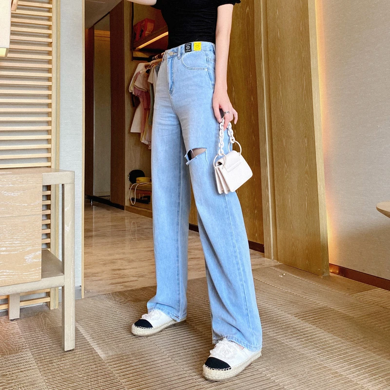 个性垂感破洞牛仔裤女新款韩版ins风高腰显瘦反季阔腿直筒裤子