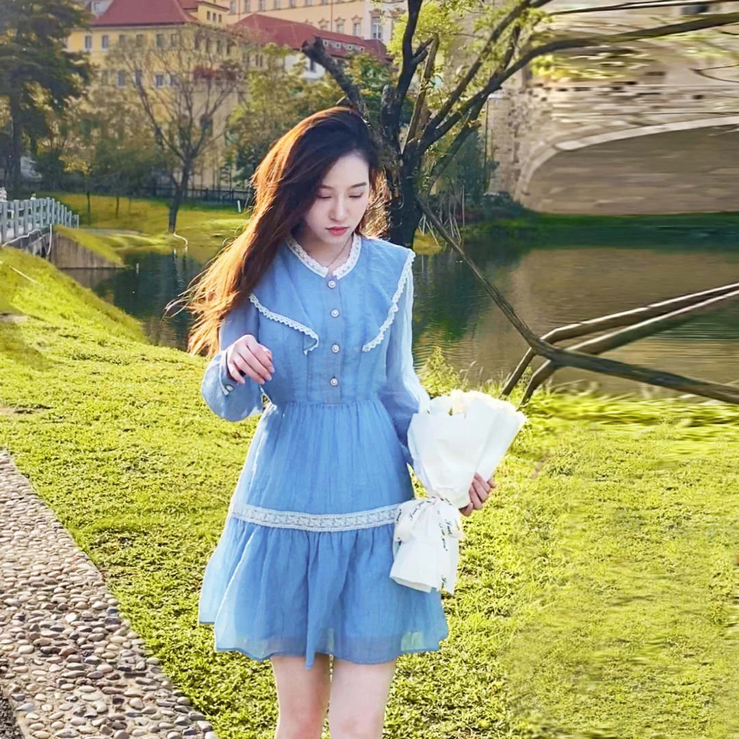 温柔奶甜设计感短款小个子荷叶边连衣裙女春夏高腰仙女裙长袖裙子