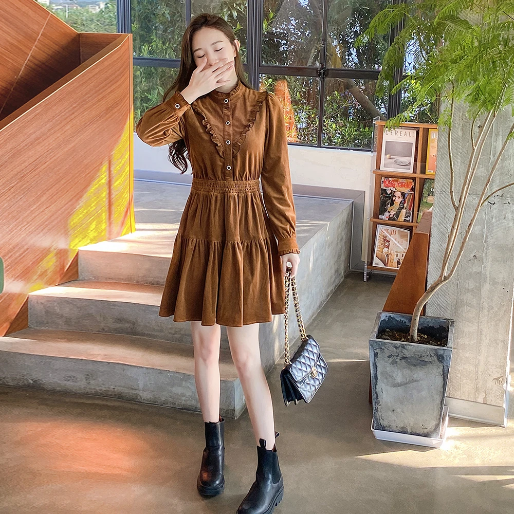 法式收腰显瘦A字连衣裙女反季韩版复古短款美拉德洋气上档次裙子