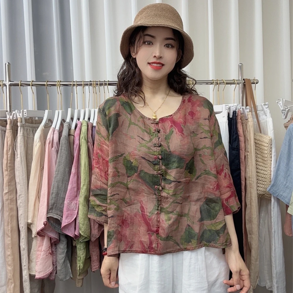 复古盘扣苎麻上衣女夏季新款宽松新中式衬衫时尚休闲显瘦小衫
