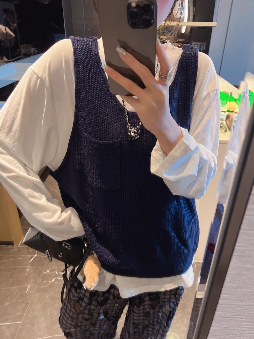 xxxwxz王希之  韩系慵懒休闲口袋纹理外搭针织毛衣背心马甲#z976