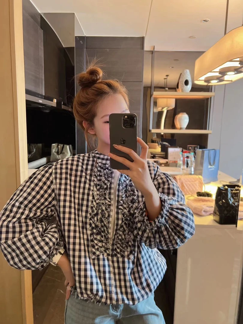 xxxwxz王希之 蓝白格子设计感木耳花边拼接拉链夹克短外套#12899