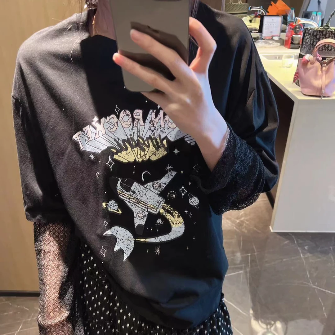 xxxwxz王希之  假两件设计感做旧卡通字母印花长袖T恤女#Z610