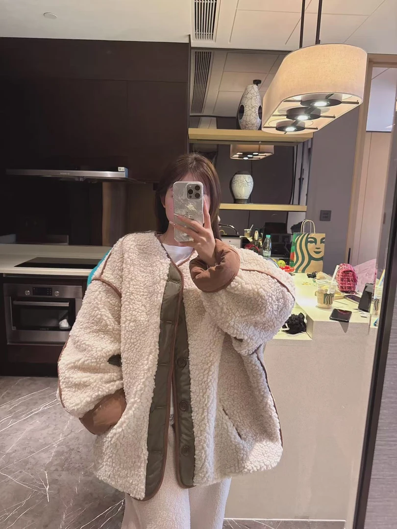 xxxwxz王希之  拼接撞色毛绒绒羔羔保暖棉衣外套#12961