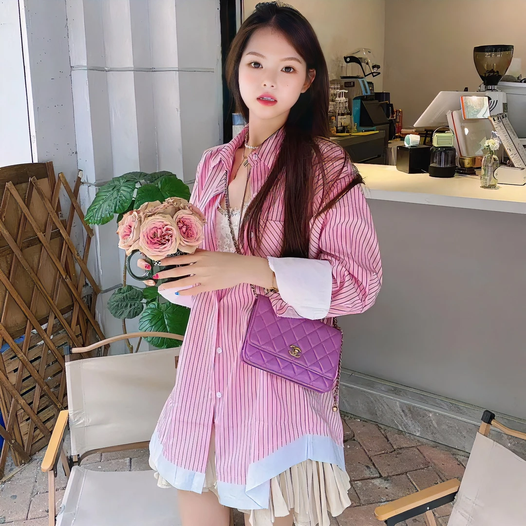 wwwxz王希之 秋季百搭拼接韩版粉色条纹休闲百搭衬衫上衣#11251