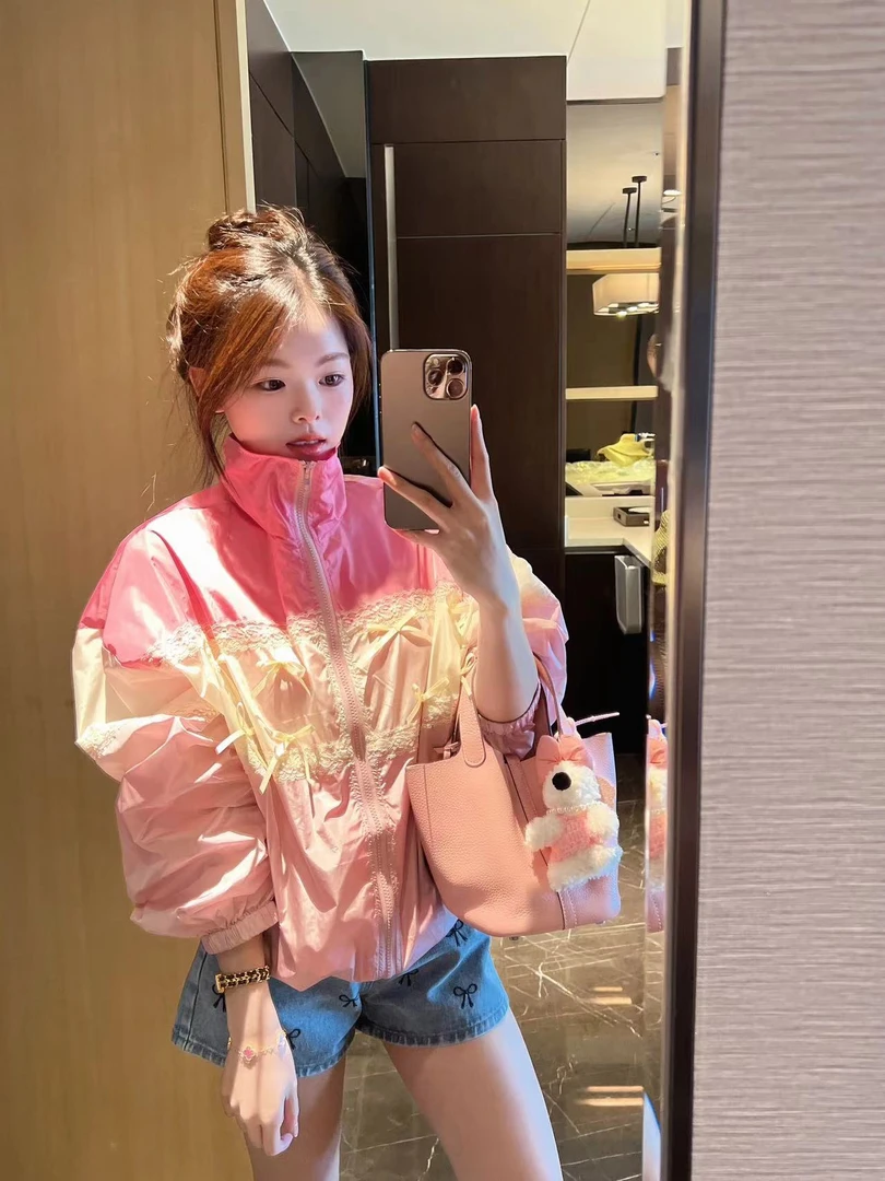 xxxwxz王希之  少女心蝴蝶结撞色蕾丝拉链防晒外套#12635