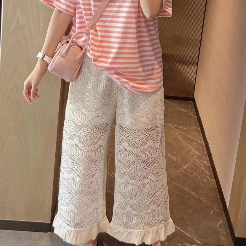 wwwxz王希之 夏季百搭宽松蕾丝镂空花边高腰薄款显瘦休闲裤#11444