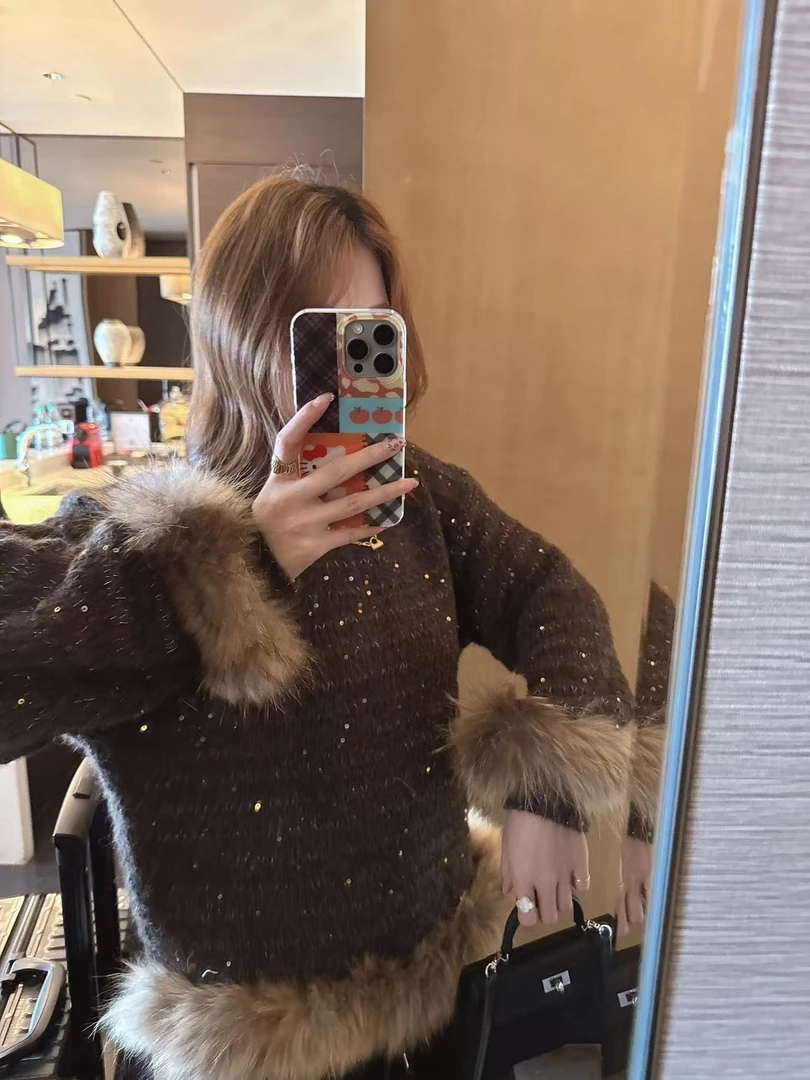 xxxwxz王希之 毛茸茸针织衫彩织长袖狐狸毛毛衣#12938