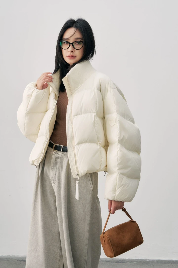 【90新国标白鸭绒】针织螺纹立领大翻领加厚保暖短款羽绒服