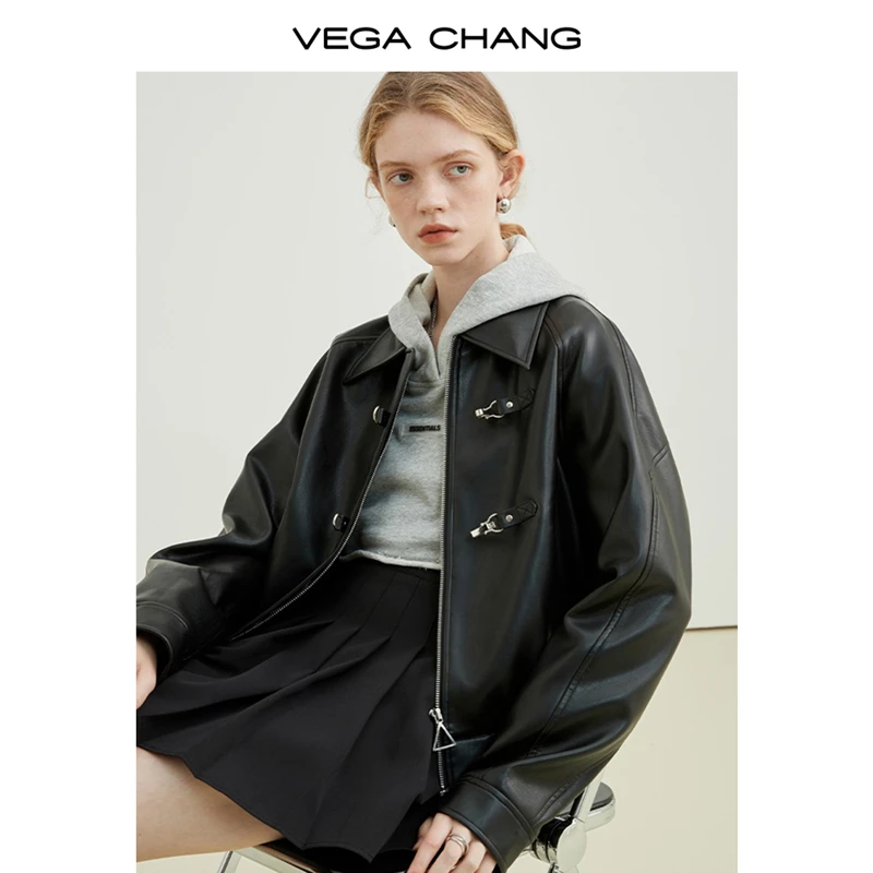 VEGA CHANG皮夹克短款2025秋新款时尚一字扣PU百搭黑色休闲日常