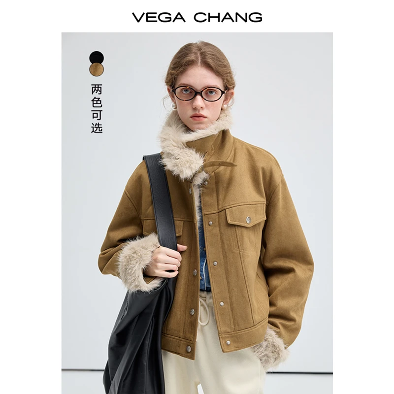 VEGACHANG仿麂皮棉服女年冬季新款复古立领加厚保暖毛毛外套裂